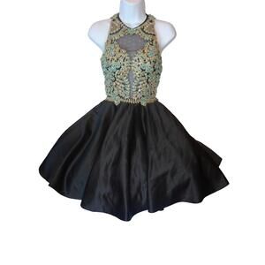 Aspeed Black‎ Mini Dress with Embroidered Floral Bodice and Sheer Details